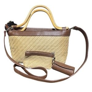 Worthington Brown Leather Woven Bag Set With Wooden Handles cruise tropical